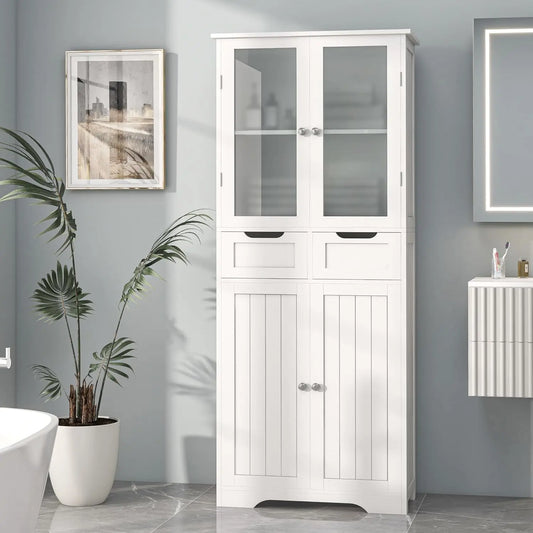 Freestanding Linen Cabinet with Glass Doors, Shelves & 2 Drawers, Large Bathroom Storage - Homeward Trends