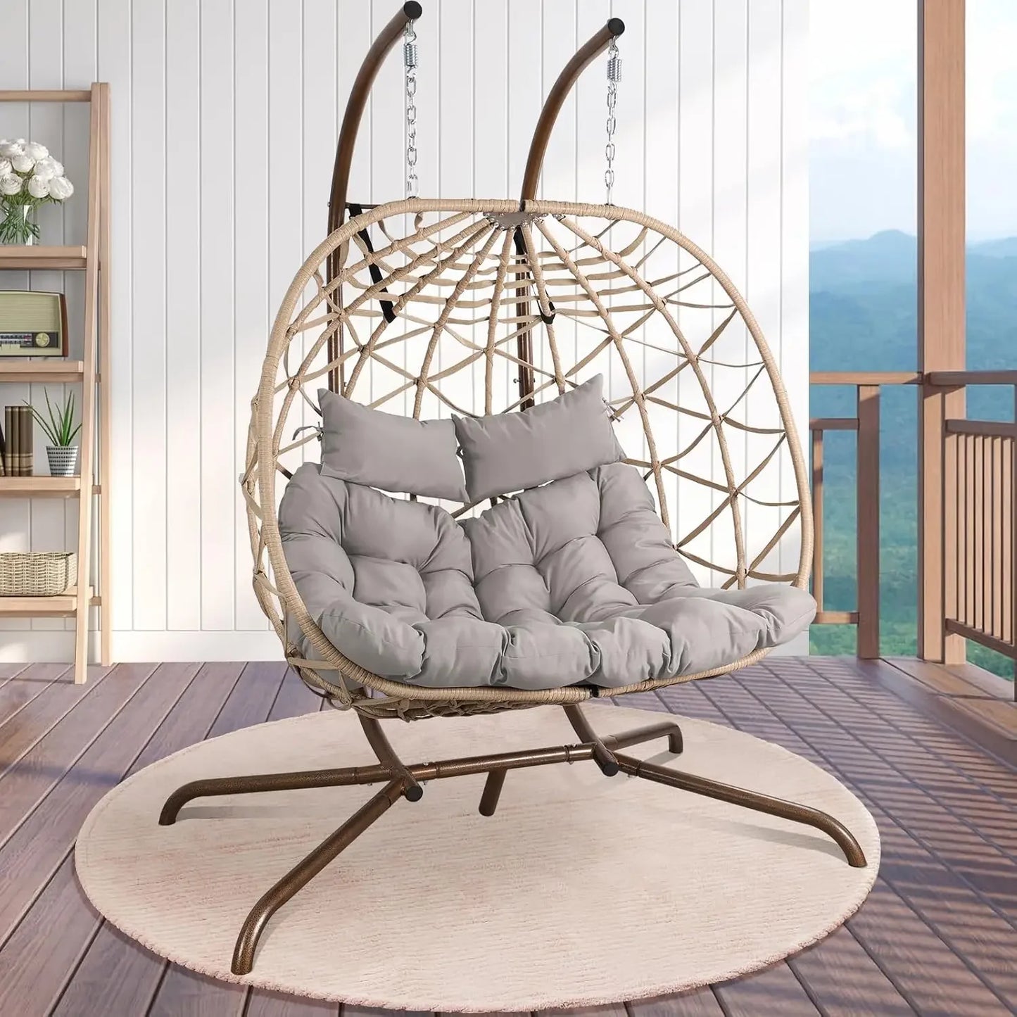 2-Person Wicker Egg Swing Chair with Stand – Outdoor Patio Hanging Chair with Cushions & Pillows