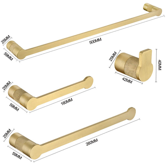 Brushed Gold Bathroom Set: Towel Rack, Knurled Bar, Hook & Toilet Paper Holder