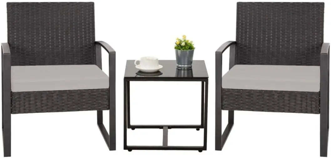 3PCS Outdoor Wicker Patio Furniture Set – Rattan Bistro Chairs & Glass Table with Cushions for Garden & Deck