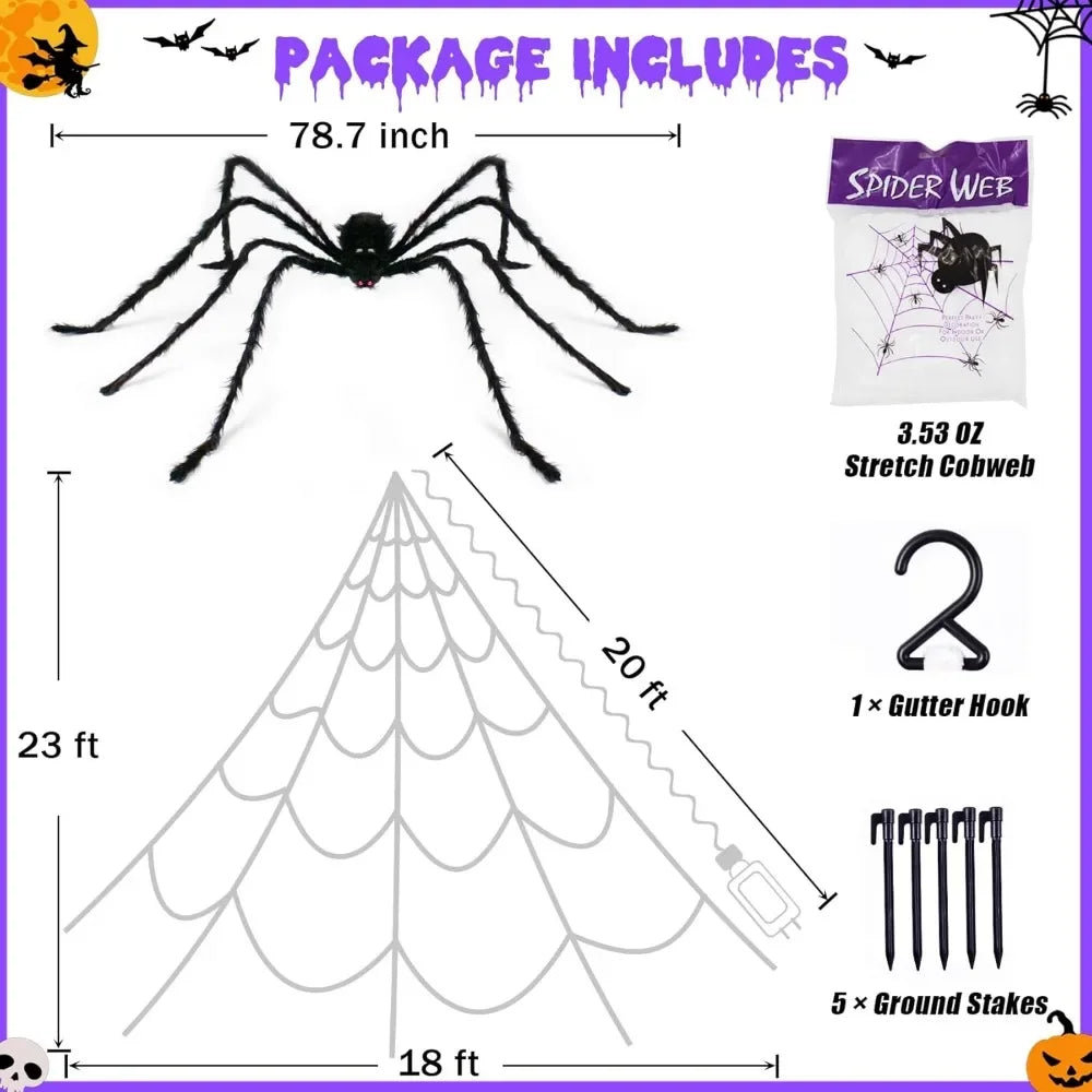 Spider Webs Halloween Decorations Outdoor 290 LED Halloween Spiders Web Lights Decoration with 78.7" Large Spider