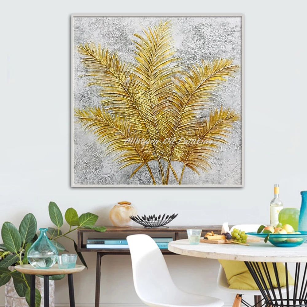 Mintura Hand-Painted Golden Leaves Oil Painting on Canvas - Modern Abstract Pop Art for Home and Room Decor - Homeward Trends