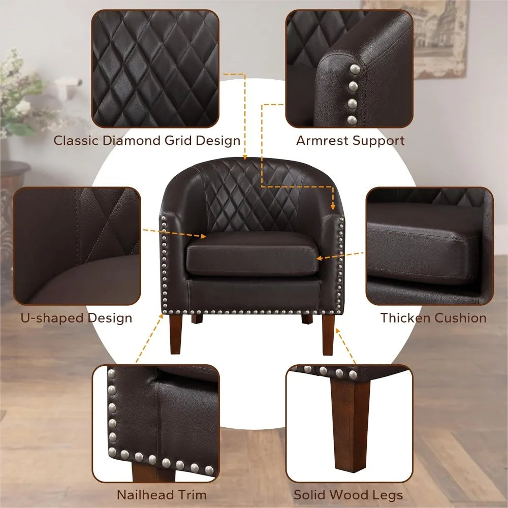 Set of 2 Comfy Faux Leather Barrel Accent Chairs - Club Chairs with Cushions & Diamond Grid Backrest