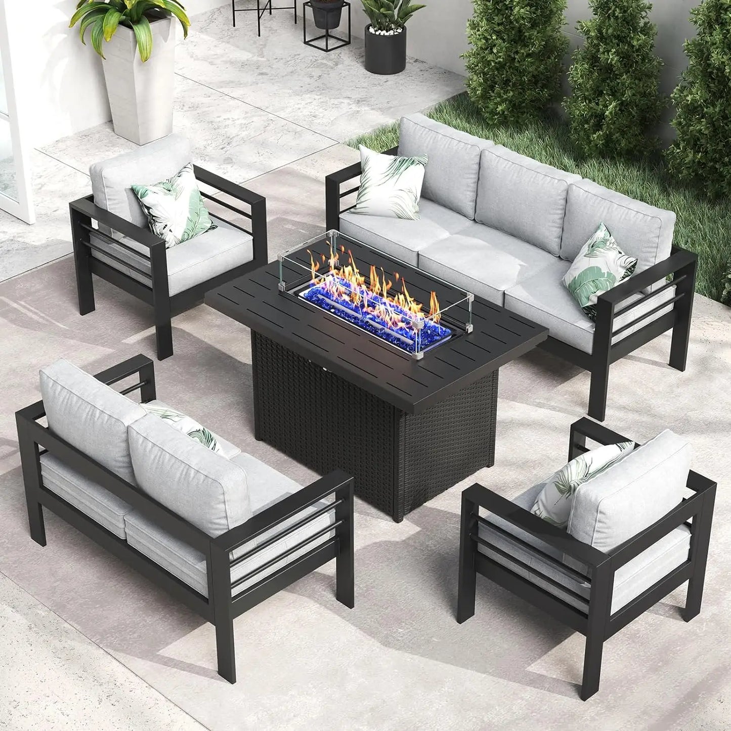 5-Piece Aluminum Patio Furniture Set with Fire Pit Table – Modern Outdoor Sectional Sofa Conversation Set