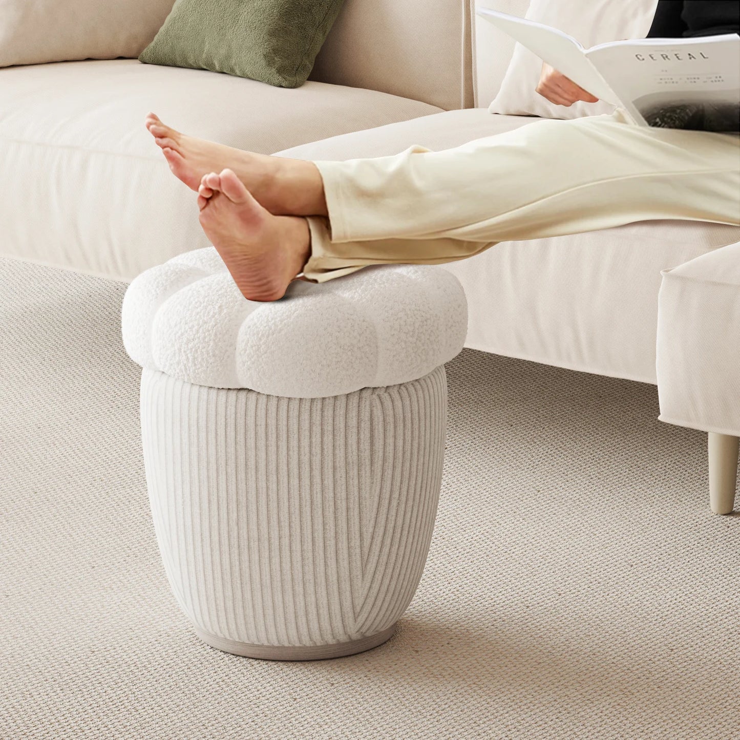 Cloud Boucle Vanity Stool with Removable Lid – 17.7'' Round Cashmere Storage Ottoman for Bedroom