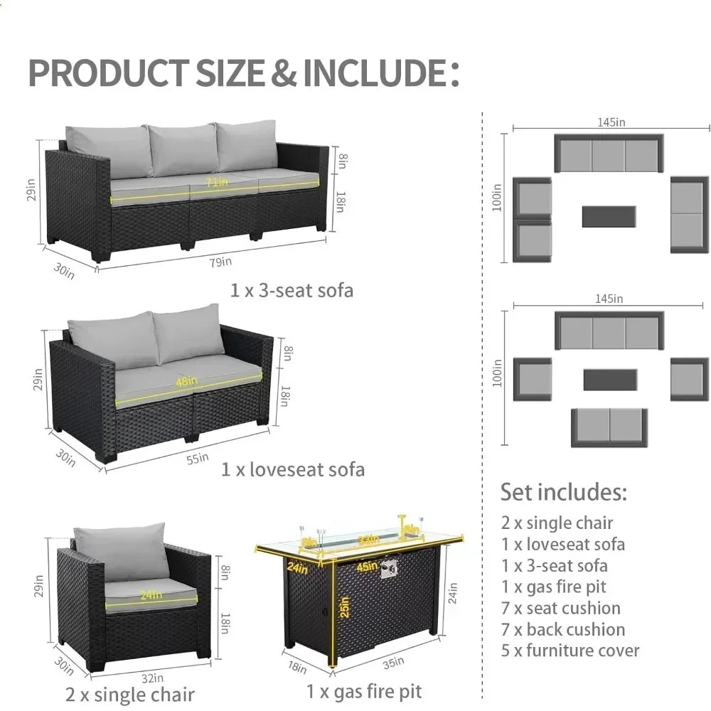 5-Piece Outdoor Wicker Patio Furniture Set – 45" Fire Pit Table, No-Slip Cushions & Waterproof Cover