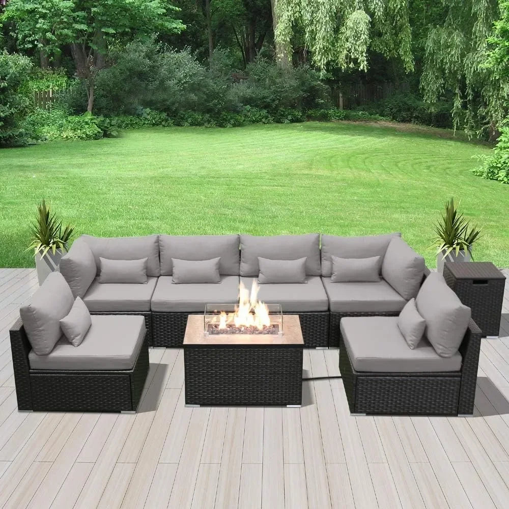 Outdoor Patio Sofa Set with Propane Fire Pit Table – Modern Outdoor Furniture for Deck & Garden