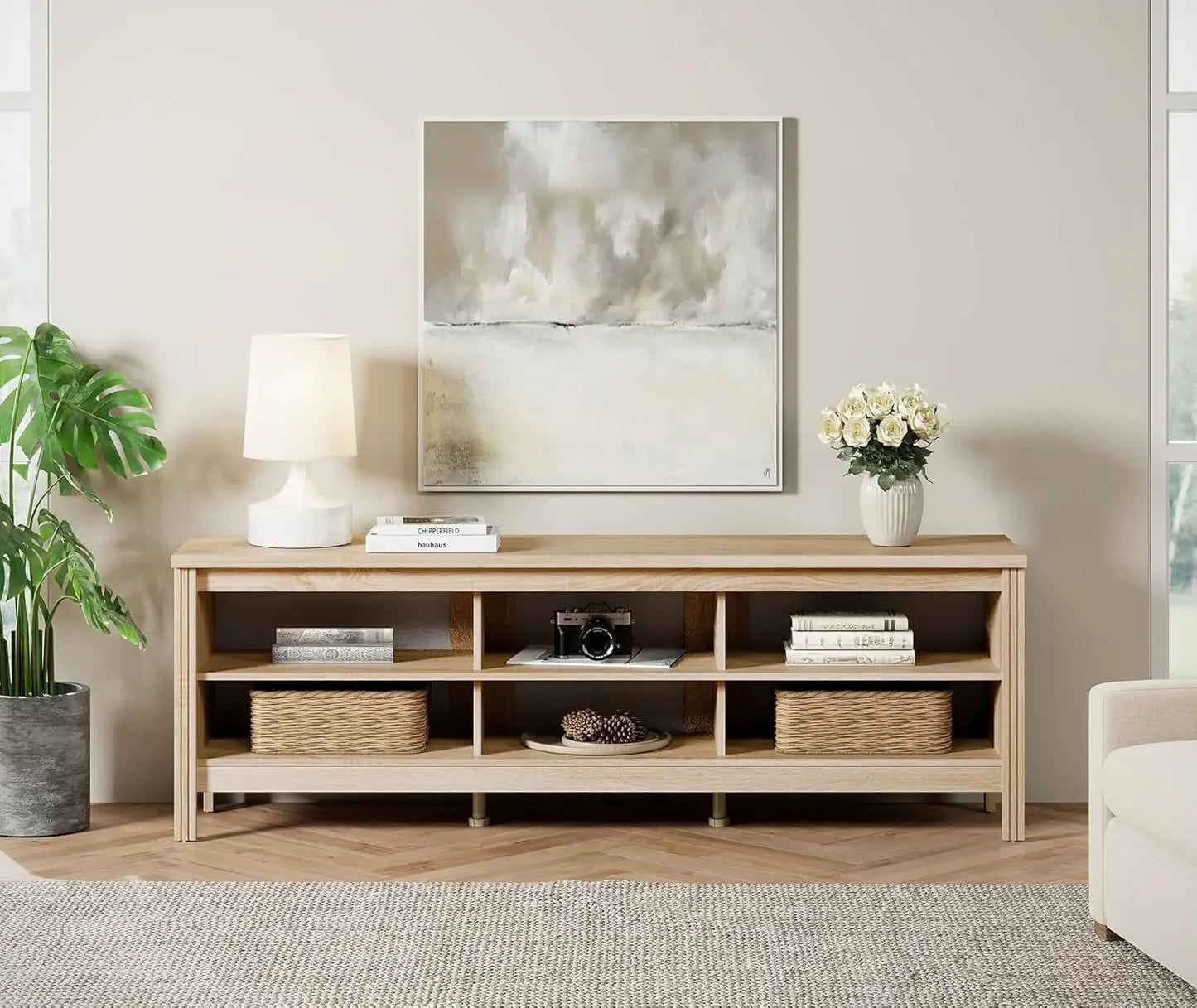 70" TV Stand for Living Room, Modern Wooden Entertainment Center w/ 6 Storage Cubby, Bedroom TV Stand - Homeward Trends