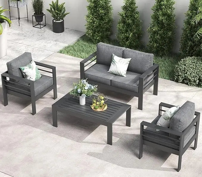 5-Piece Aluminum Patio Furniture Set with Fire Pit Table – Modern Outdoor Sectional Sofa Conversation Set