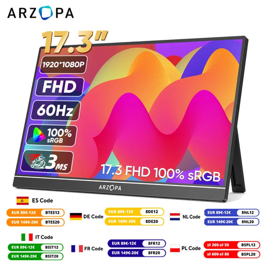 ARZOPA 17.3 FHD Portable Monitor 1080P External Display IPS Screen with USB C mini-HDMI Port for Laptop Mac PC Xbox PS Switch - Homeward Trends