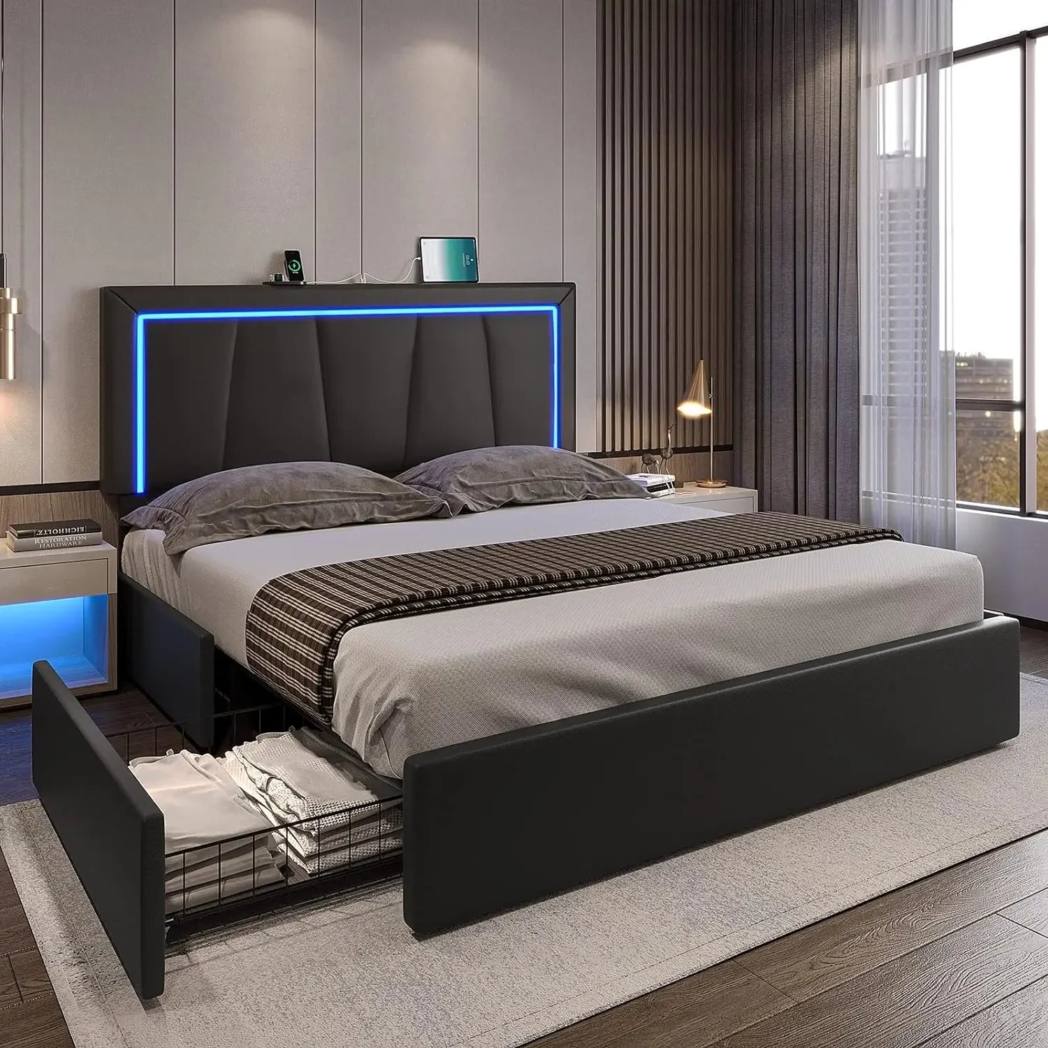 Queen Size LED Bed Frame, with Storage Drawer and USB Port, Modern Faux Leather Upholstered Headboard - Homeward Trends