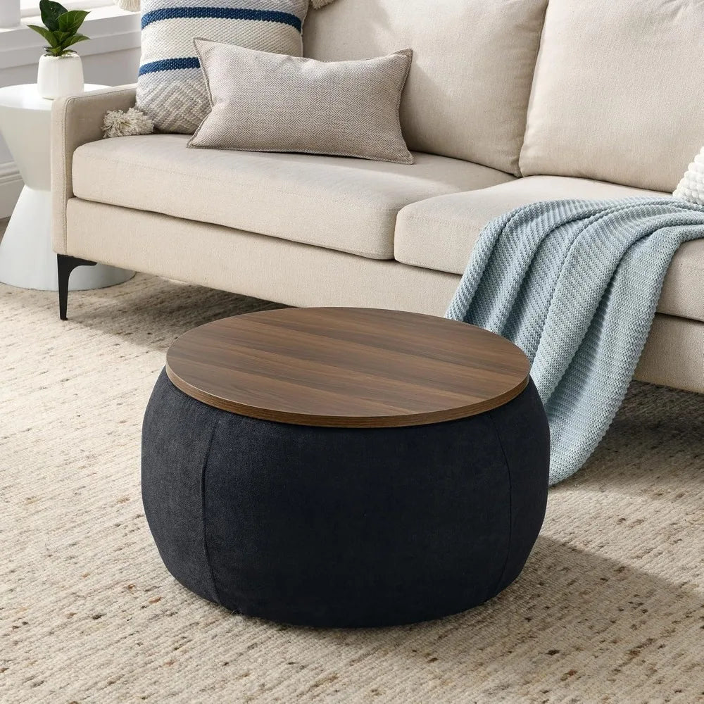 Modern Round Storage Ottoman with Wooden Lid – Handmade Coffee Table, End Table & Footstool