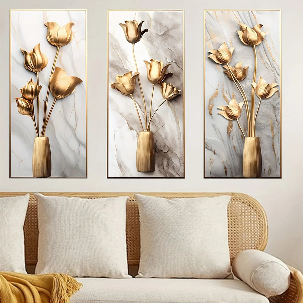 3D Golden Vase Floral 3pcs Set Art Aesthetic Posters Prints Living Room Home Decor Canvas - Homeward Trends