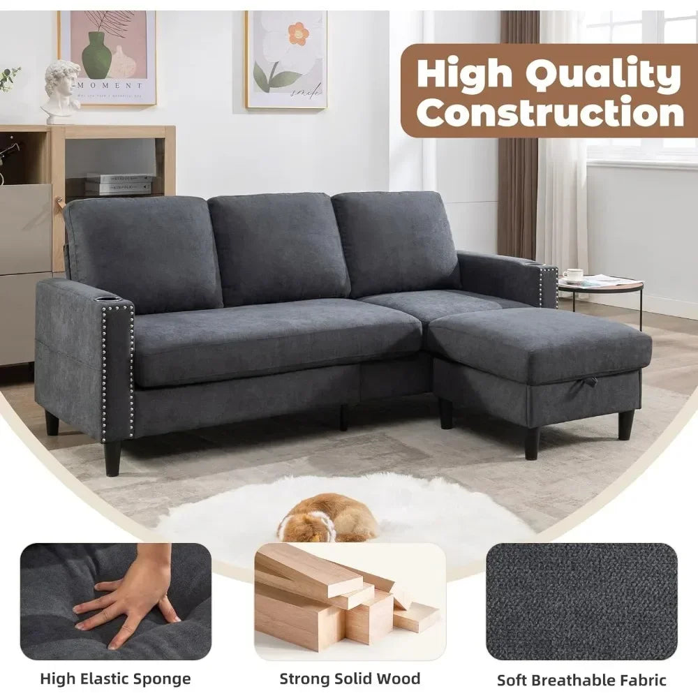 Convertible L-Shaped Sectional Sofa for Living Room – 3-Seater with Storage Chaise & 2 Cup Holders