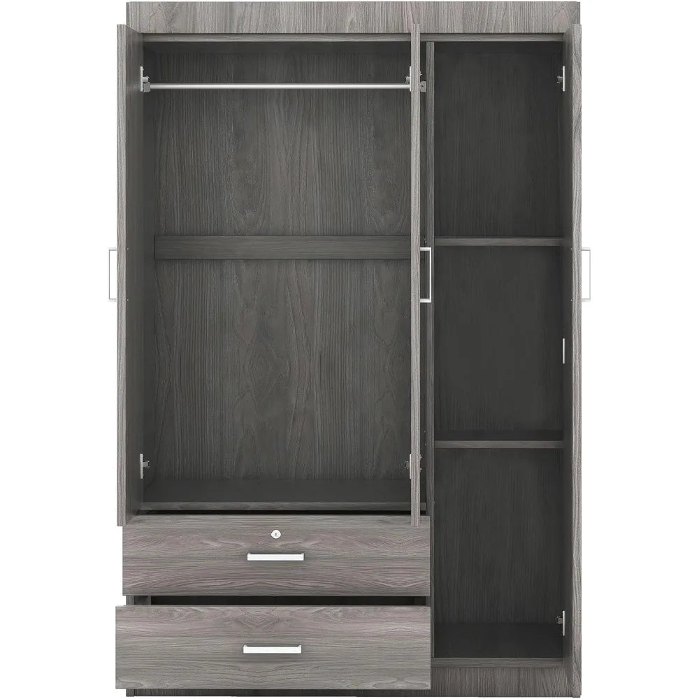 Freestanding Wardrobe Cabinet for Bedroom, 3 Doors Wooden Wardrobe Closet Cabinet with 2 Drawers, with Hanging Rod Shelf - Homeward Trends