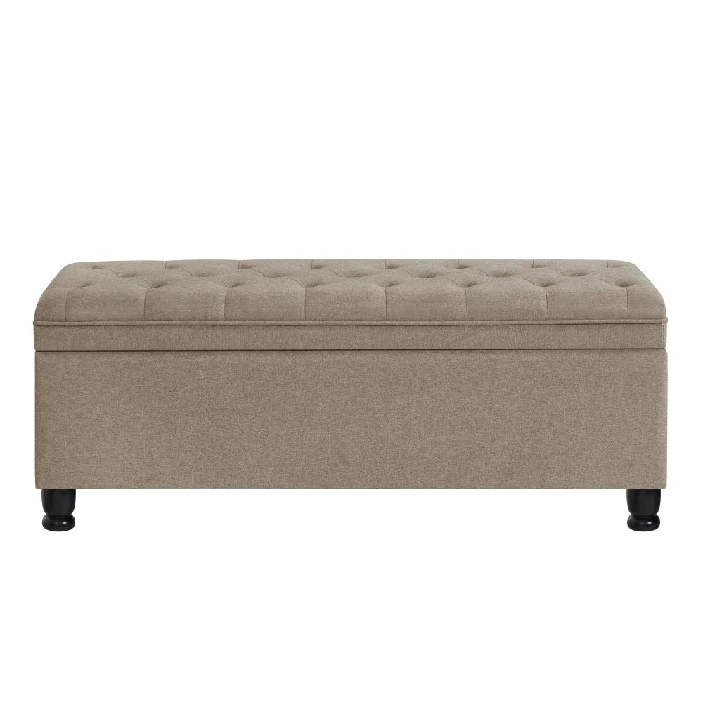 Upholstered Tufted Storage Ottoman Bench – Linen Fabric with Spindle Wooden Legs for Entryway or Bedroom