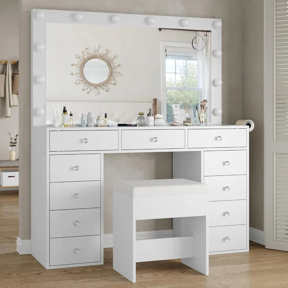 Vanity Desk & Power Outlet Dressing Table with Mirror Makeup Vanity with Mirror and 12 LED Lights Room Dresser Make Up Table Light - Homeward Trends