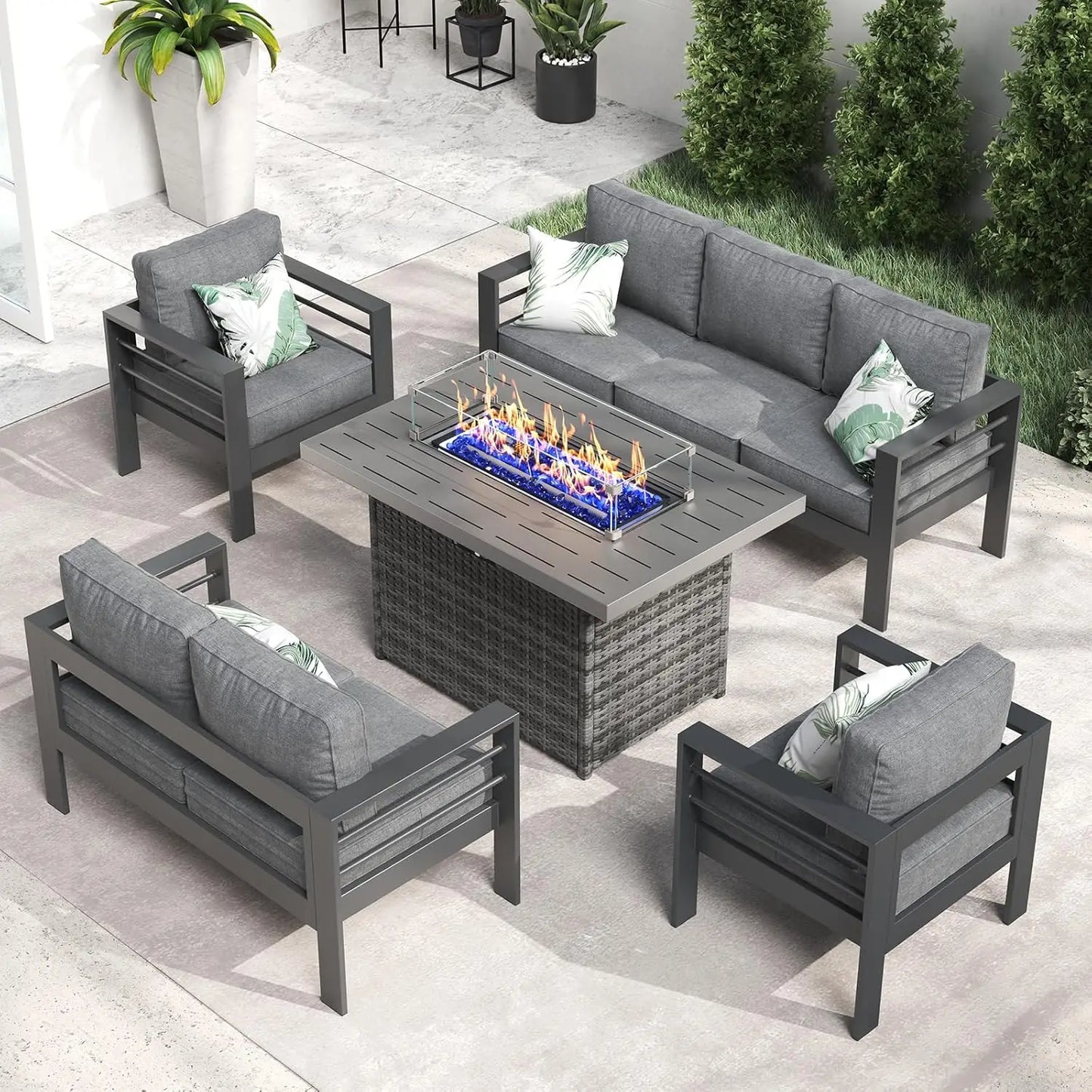 5-Piece Aluminum Patio Furniture Set with Fire Pit Table – Modern Outdoor Sectional Sofa Conversation Set