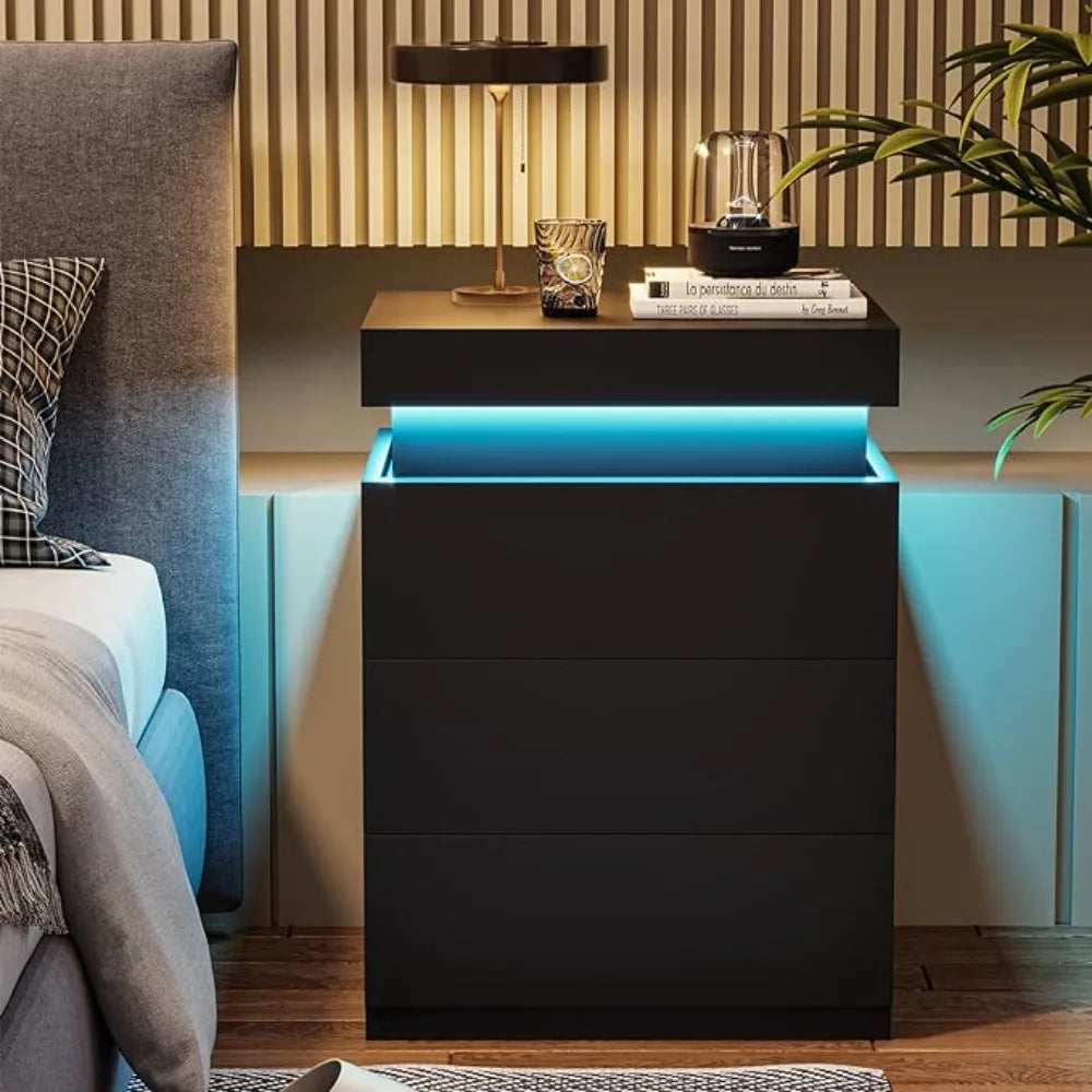 LED Bedside Table With 3 Bedroom Drawers 16-color Lights and 2 AC and 2 USB Ports Bedside Tables for the Bedroom Nightstands - Homeward Trends