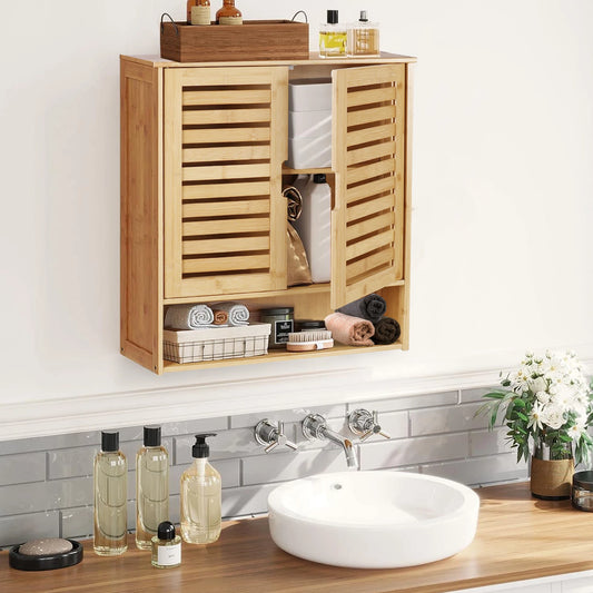 Bathroom Wall Cabinet Storage Shelf Bamboo Medicine Cabinet with with 2 Doors Adjustable Shelf - Homeward Trends