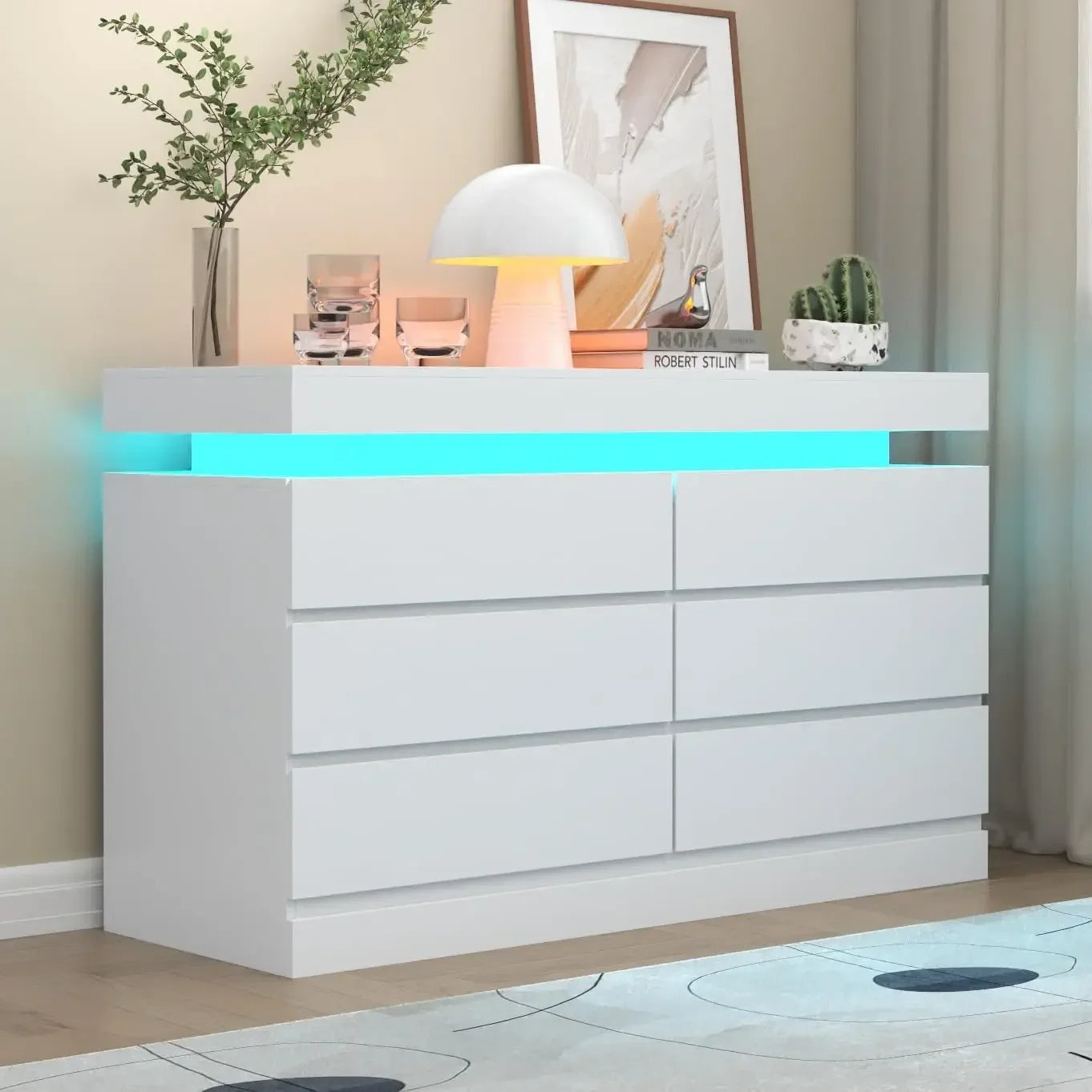 Dresser with Power Outlet, Chest of Drawers with LED Light, White Dresser Organizer with Open Storage Cubby, Modern Nightstand - Homeward Trends