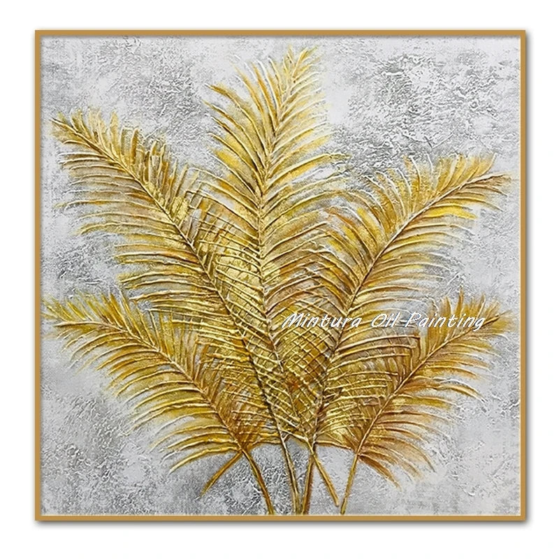 Mintura Hand-Painted Golden Leaves Oil Painting on Canvas - Modern Abstract Pop Art for Home and Room Decor - Homeward Trends