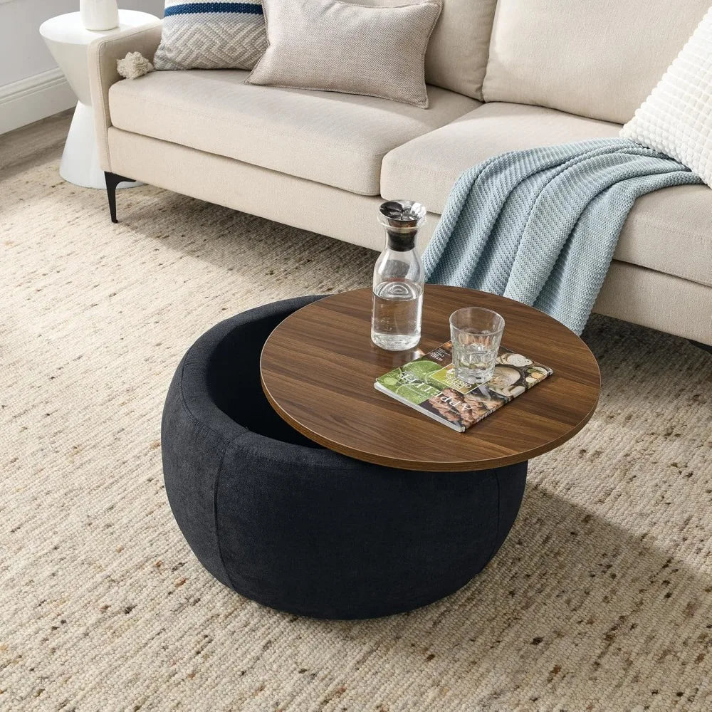 Modern Round Storage Ottoman with Wooden Lid – Handmade Coffee Table, End Table & Footstool