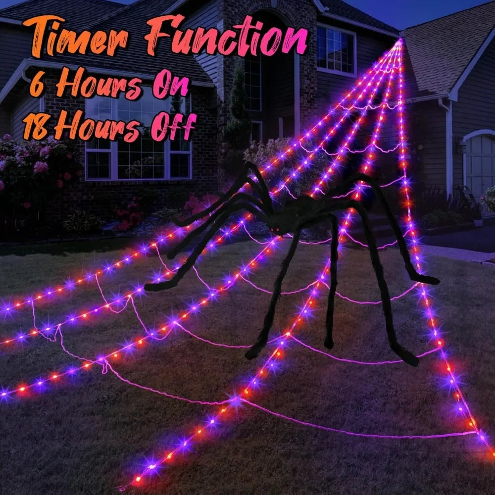 Spider Webs Halloween Decorations Outdoor 290 LED Halloween Spiders Web Lights Decoration with 78.7" Large Spider