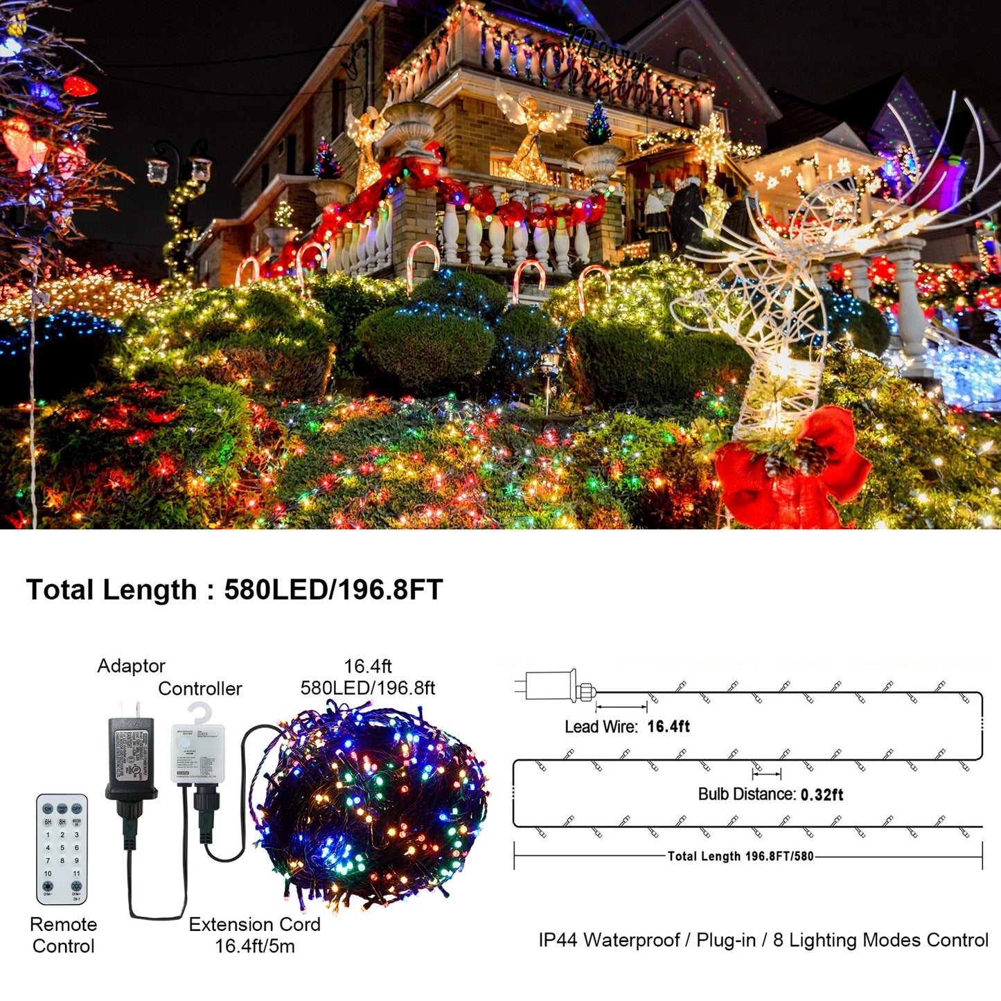 Outdoor Christmas Pendant Lights, 8 Modes with Timer & Memory Function, Festive Holiday Decor