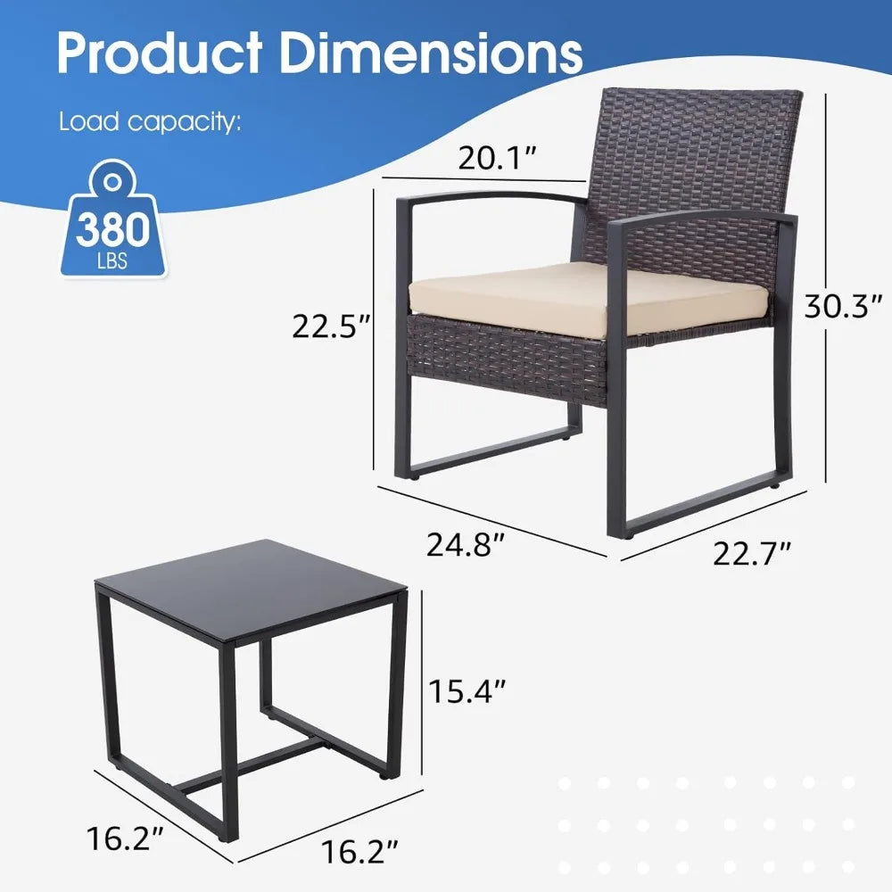 3PCS Outdoor Wicker Patio Furniture Set – Rattan Bistro Chairs & Glass Table with Cushions for Garden & Deck