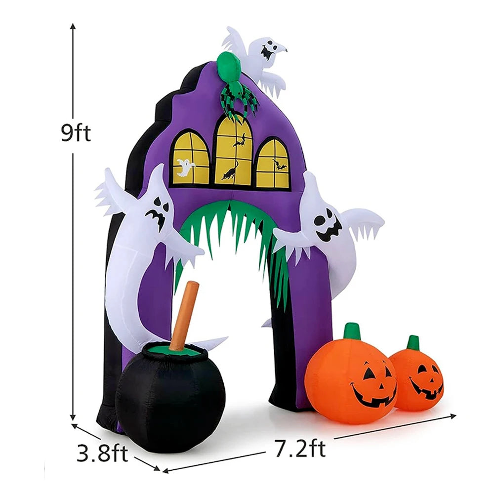 9FT Halloween Decoration Inflatable Castle Archway Blow Up Spider Ghosts Pumpkins Cauldron Built-in Lights for Outdoor Yard Lawn - Homeward Trends