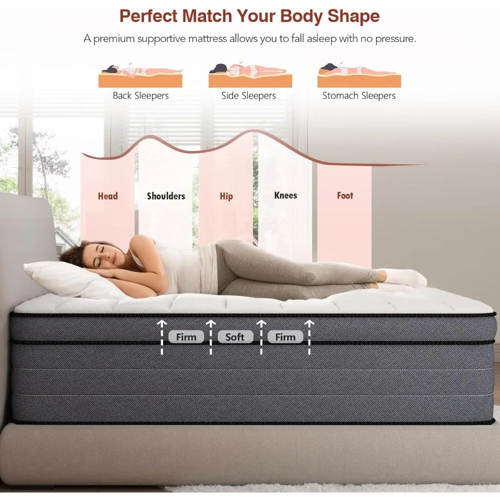 Full Size Mattress, 12 Inch Hybrid Mattress, with Gel Memory Foam and Pocketed Springs, Plush Feel Medium Firm Mattress Full - Homeward Trends