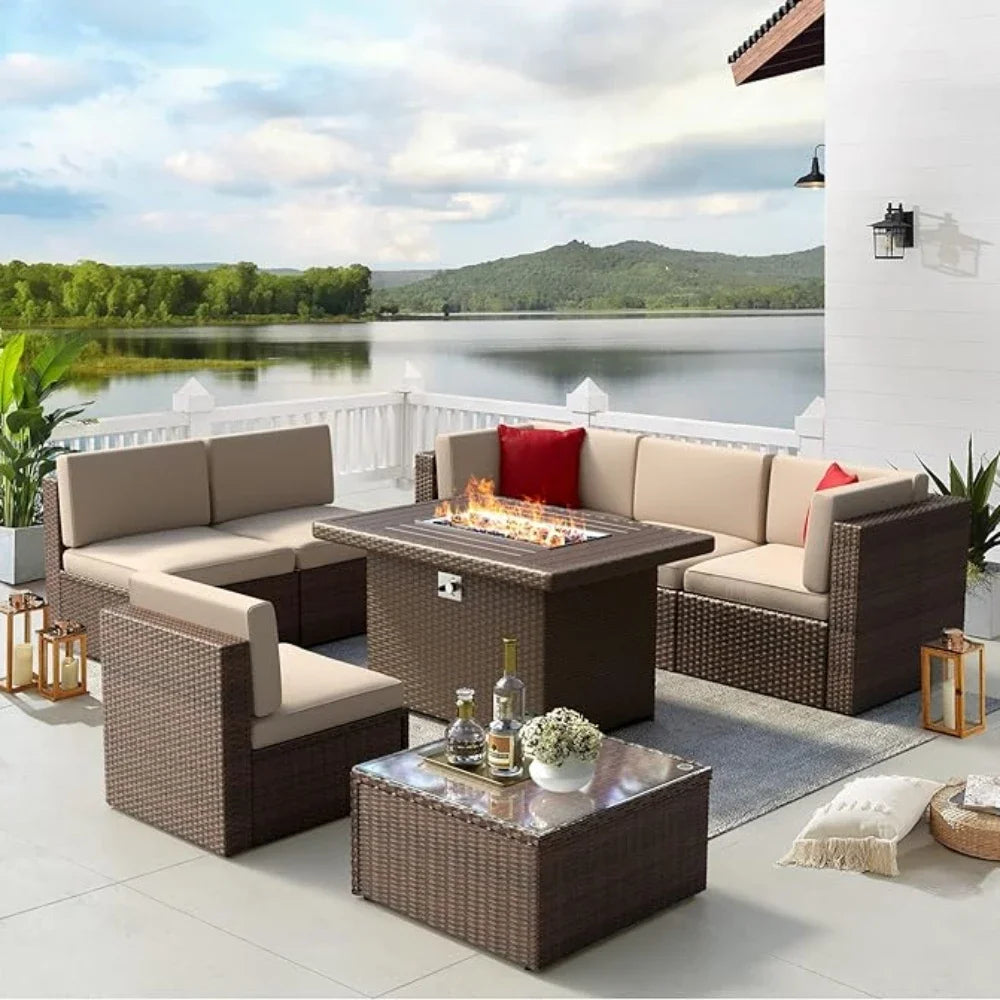 Patio Furniture Set 8PCS With 40" Fire Pit Table Outdoor Sectional Sofa Set Wicker Furniture Set With Coffee Table Garden Sets - Homeward Trends