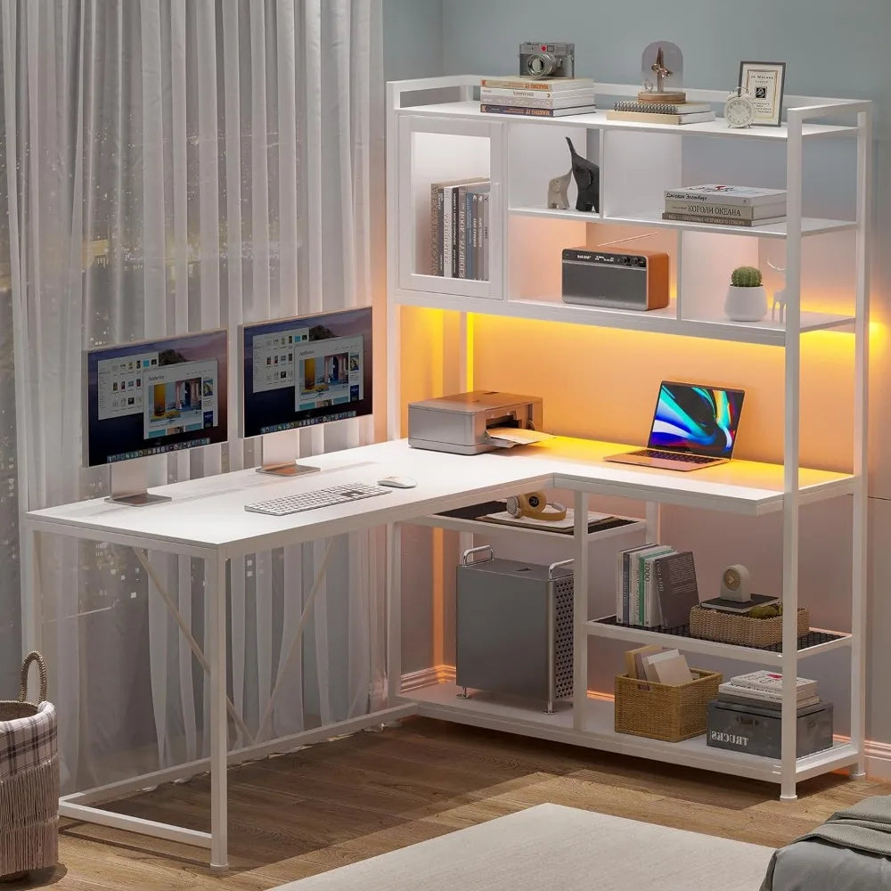 58'' L-Shaped Computer Desk with LED Light & Bookshelf - Office Desk with Storage Shelves for Home Office - Homeward Trends