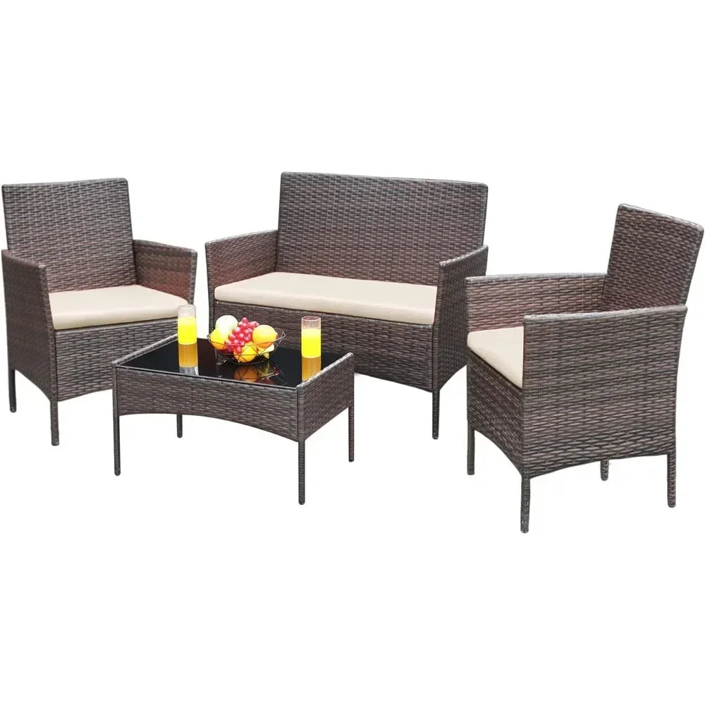 4-Piece Outdoor Wicker Rattan Patio Furniture Set – Sofa & Chairs with Soft Cushions and Glass Table