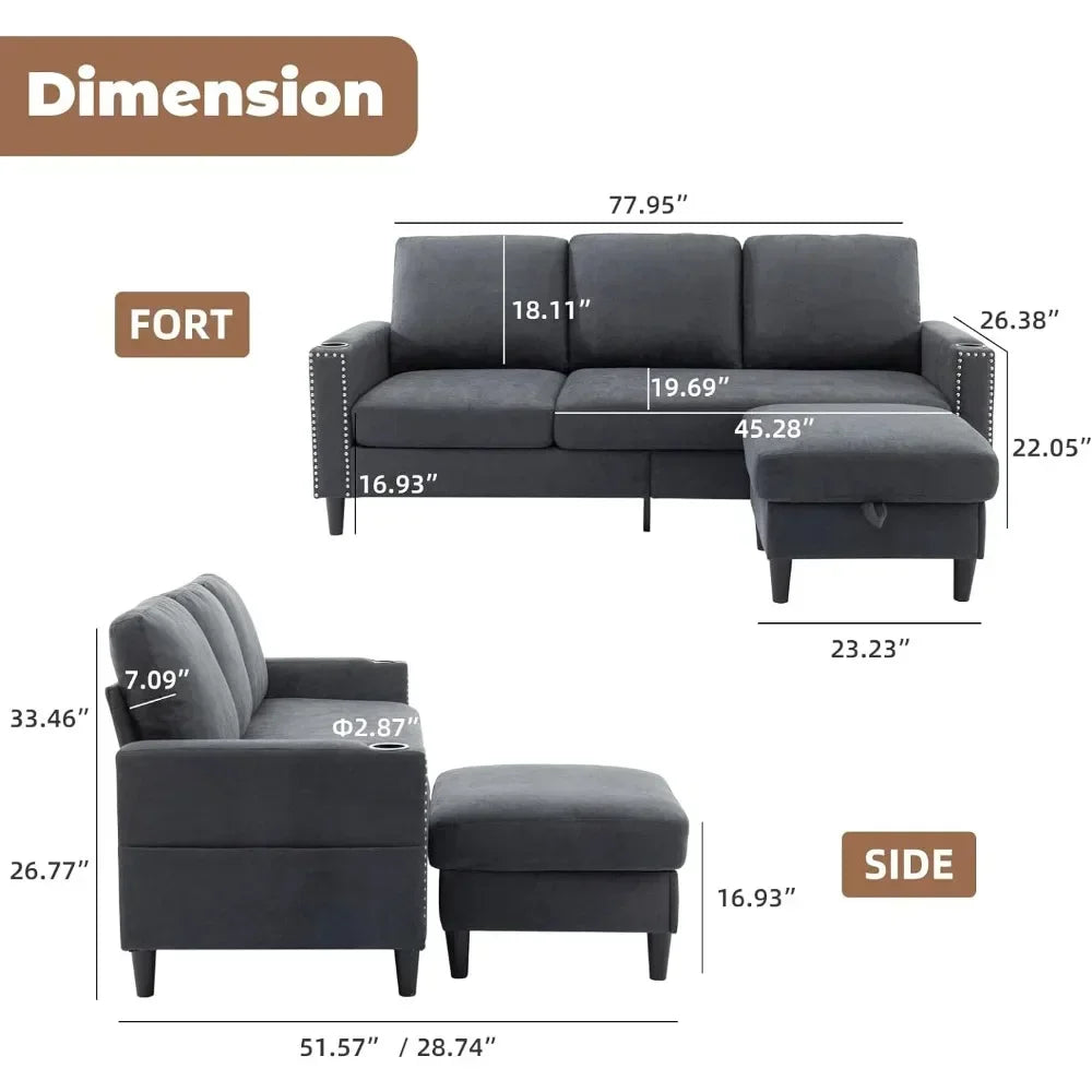 Convertible L-Shaped Sectional Sofa for Living Room – 3-Seater with Storage Chaise & 2 Cup Holders