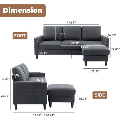 Convertible L-Shaped Sectional Sofa for Living Room – 3-Seater with Storage Chaise & 2 Cup Holders