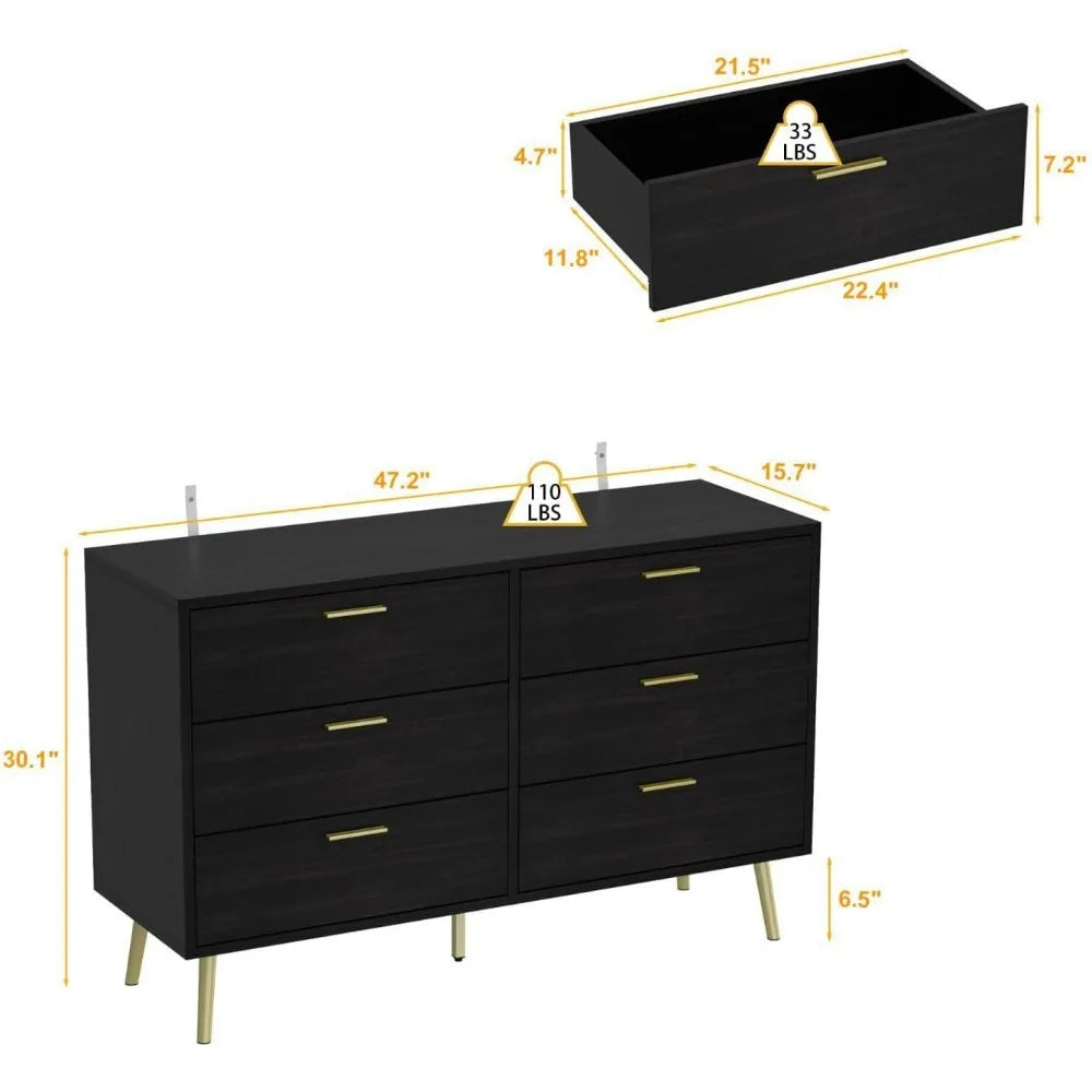 Six Drawer Dresser, Drawer Chest Six Drawer Cabinet with Gold Metal Legs, Modern & Contemporary Dresser - Homeward Trends