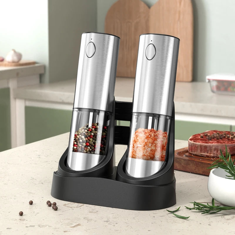 Rechargeable Electric Salt & Pepper Grinder – Adjustable Coarseness, Refillable Mill, Battery-Powered - Super 1 with base - salt pepper shakers - Homeward Trends