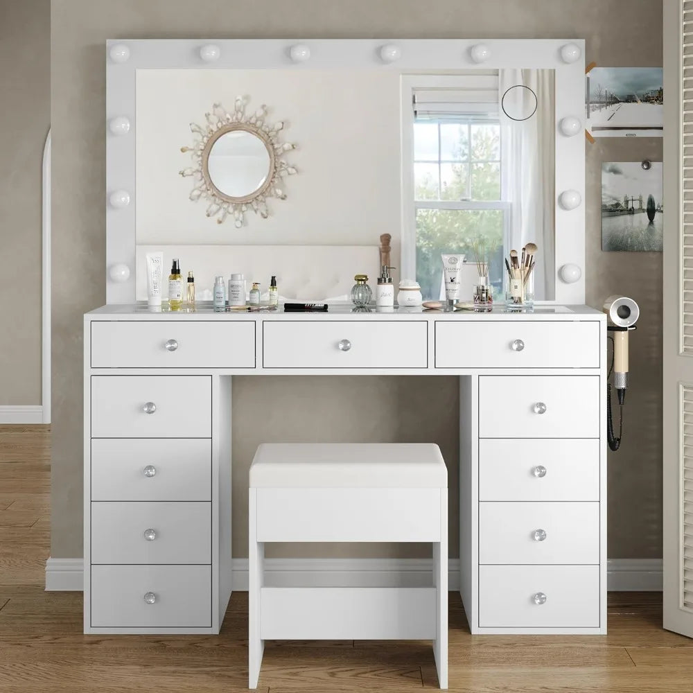 Vanity Desk & Power Outlet Dressing Table with Mirror Makeup Vanity with Mirror and 12 LED Lights Room Dresser Make Up Table Light - Homeward Trends