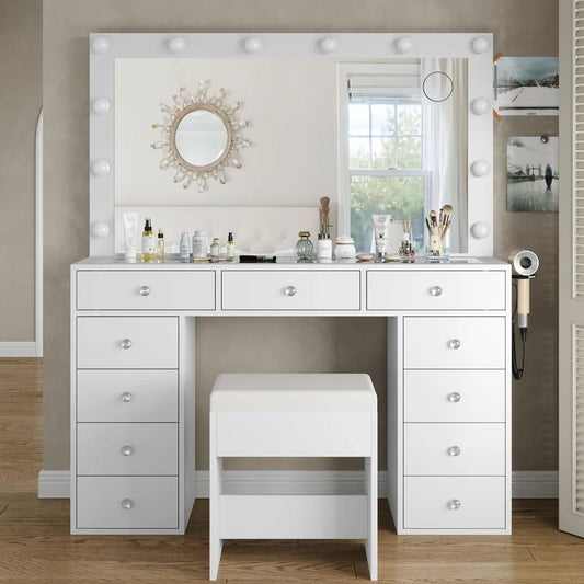 Vanity Desk & Power Outlet Dressing Table with Mirror Makeup Vanity with Mirror and 12 LED Lights Room Dresser Make Up Table Light - Homeward Trends