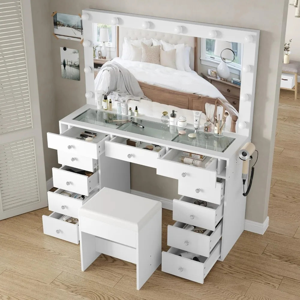 Vanity Desk & Power Outlet Dressing Table with Mirror Makeup Vanity with Mirror and 12 LED Lights Room Dresser Make Up Table Light - Homeward Trends