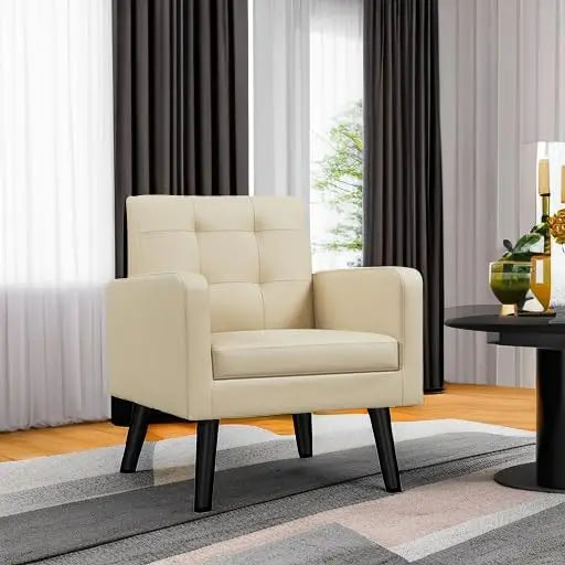 Mid-Century PU Leather Accent Chair - Modern Upholstered Armchair with Button Tufted Back & Wood Legs