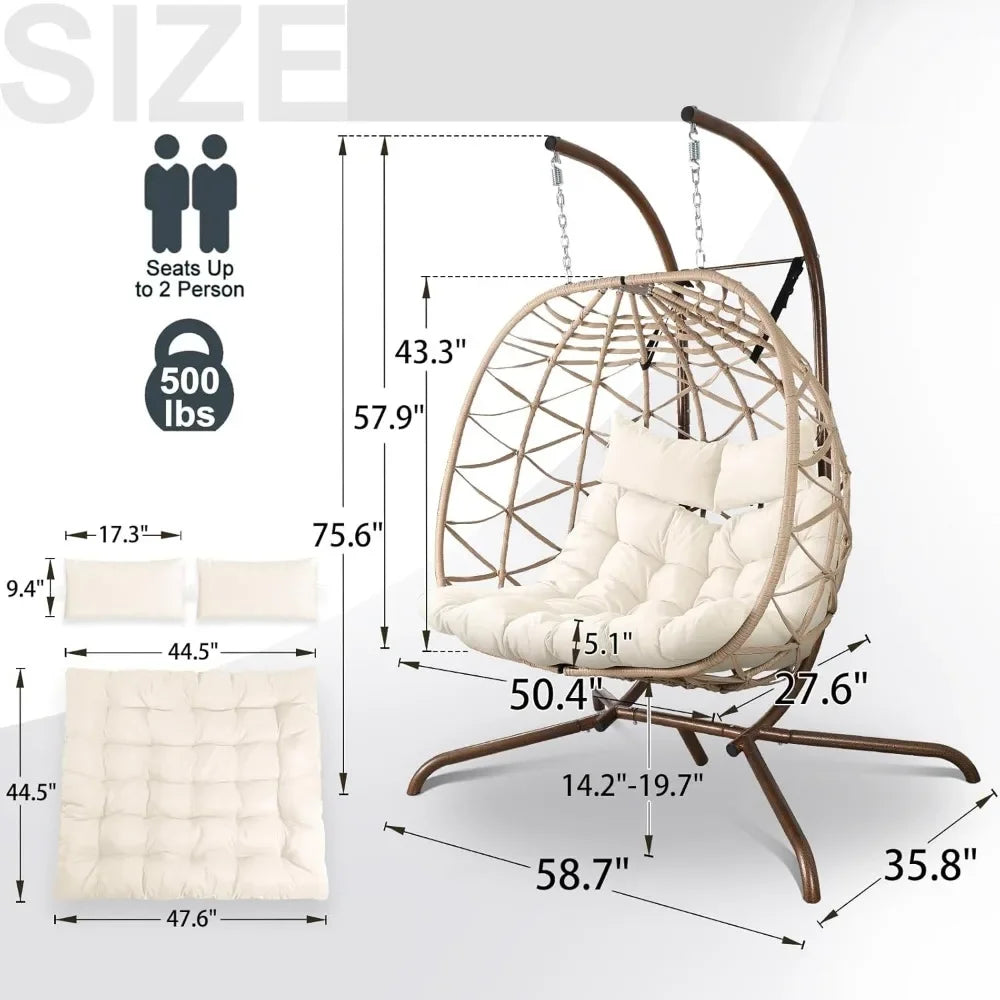 2-Person Wicker Egg Swing Chair with Stand – Outdoor Patio Hanging Chair with Cushions & Pillows