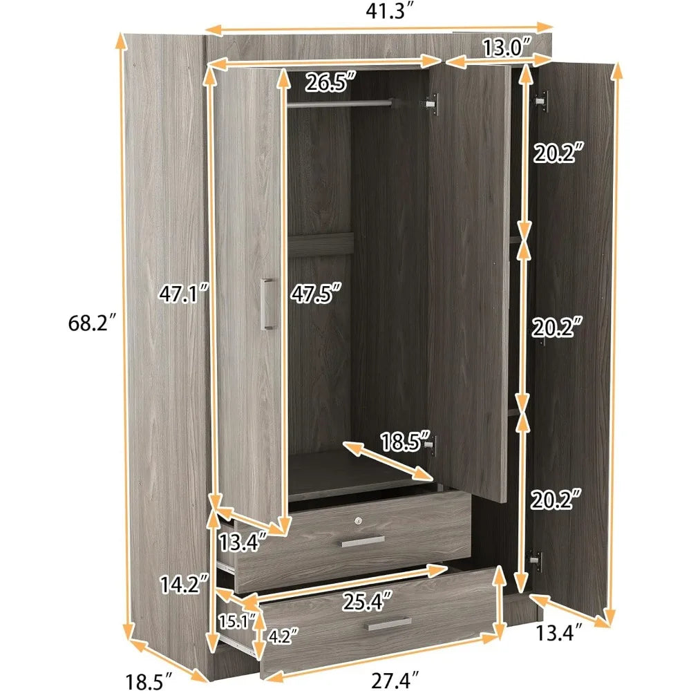 Freestanding Wardrobe Cabinet for Bedroom, 3 Doors Wooden Wardrobe Closet Cabinet with 2 Drawers, with Hanging Rod Shelf - Homeward Trends