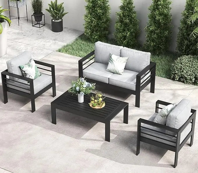 5-Piece Aluminum Patio Furniture Set with Fire Pit Table – Modern Outdoor Sectional Sofa Conversation Set