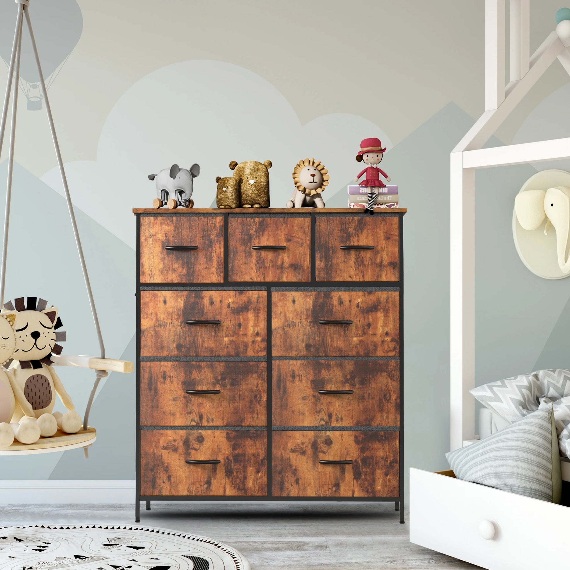 Dresser For Bedroom With 9 Fabric Storage Drawer Wardrobe Tall Chest Organizer Closet Adult Kids Clothes Wood Cabinet Furniture - Homeward Trends