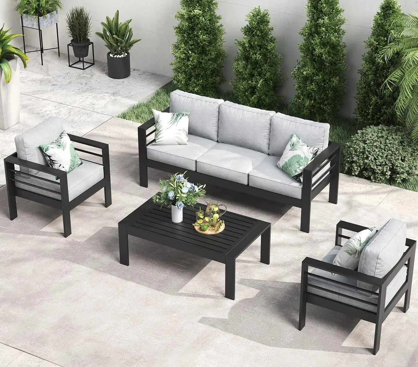 5-Piece Aluminum Patio Furniture Set with Fire Pit Table – Modern Outdoor Sectional Sofa Conversation Set