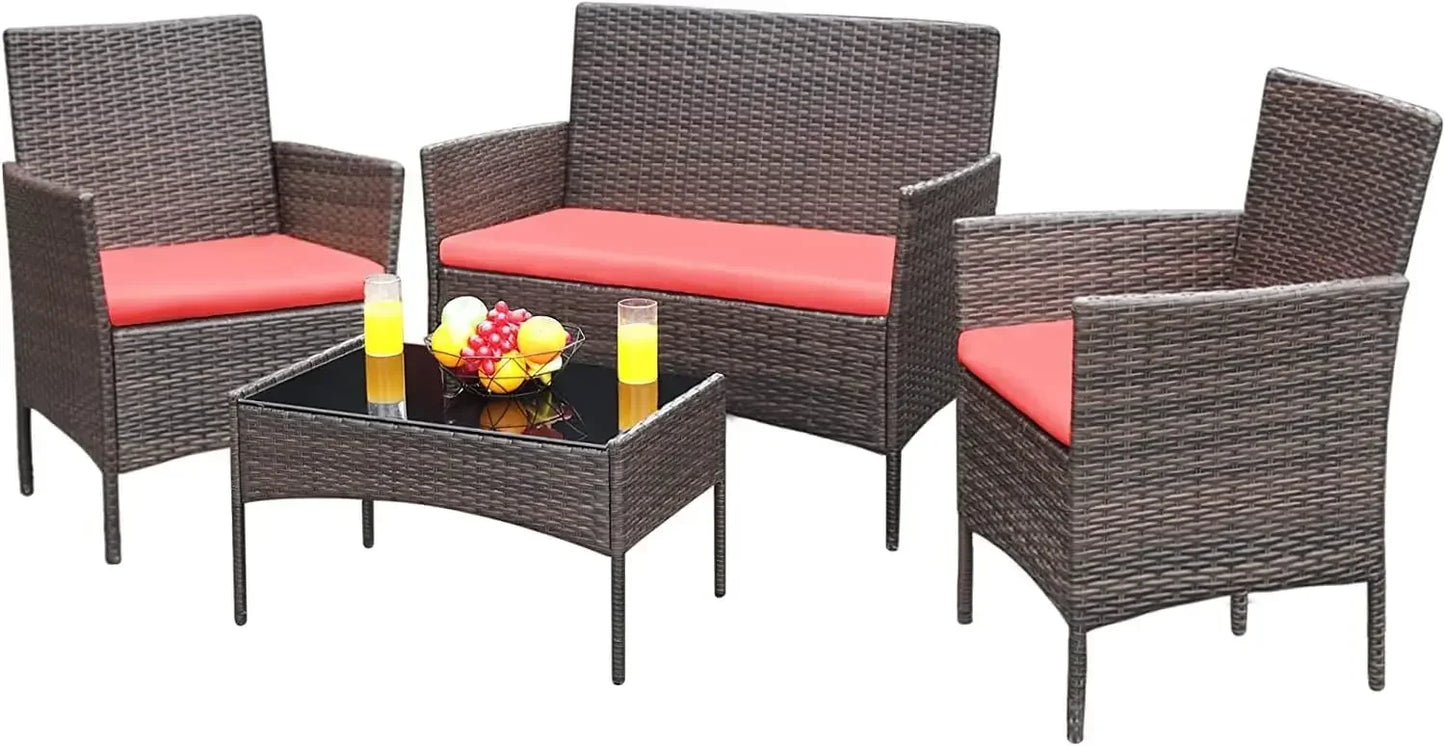 4-Piece Outdoor Wicker Rattan Patio Furniture Set – Sofa & Chairs with Soft Cushions and Glass Table