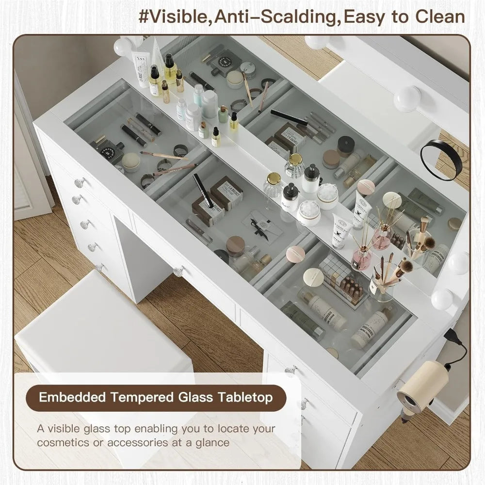 Vanity Desk & Power Outlet Dressing Table with Mirror Makeup Vanity with Mirror and 12 LED Lights Room Dresser Make Up Table Light - Homeward Trends